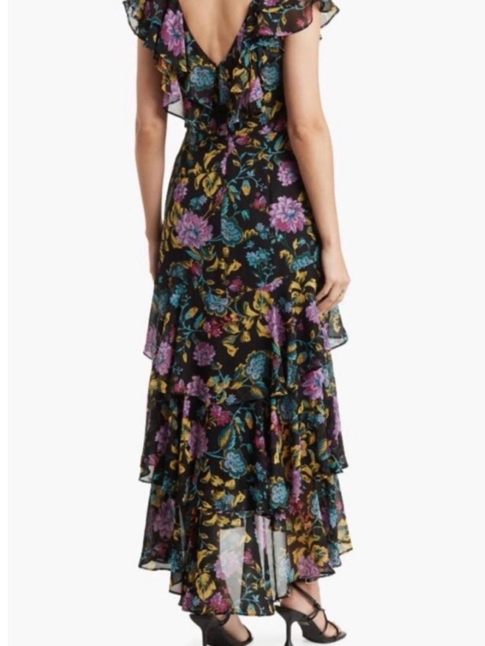 Wayf Black Floral High-Low Ruffle Maxi Dress with Purple & Teal Blooms